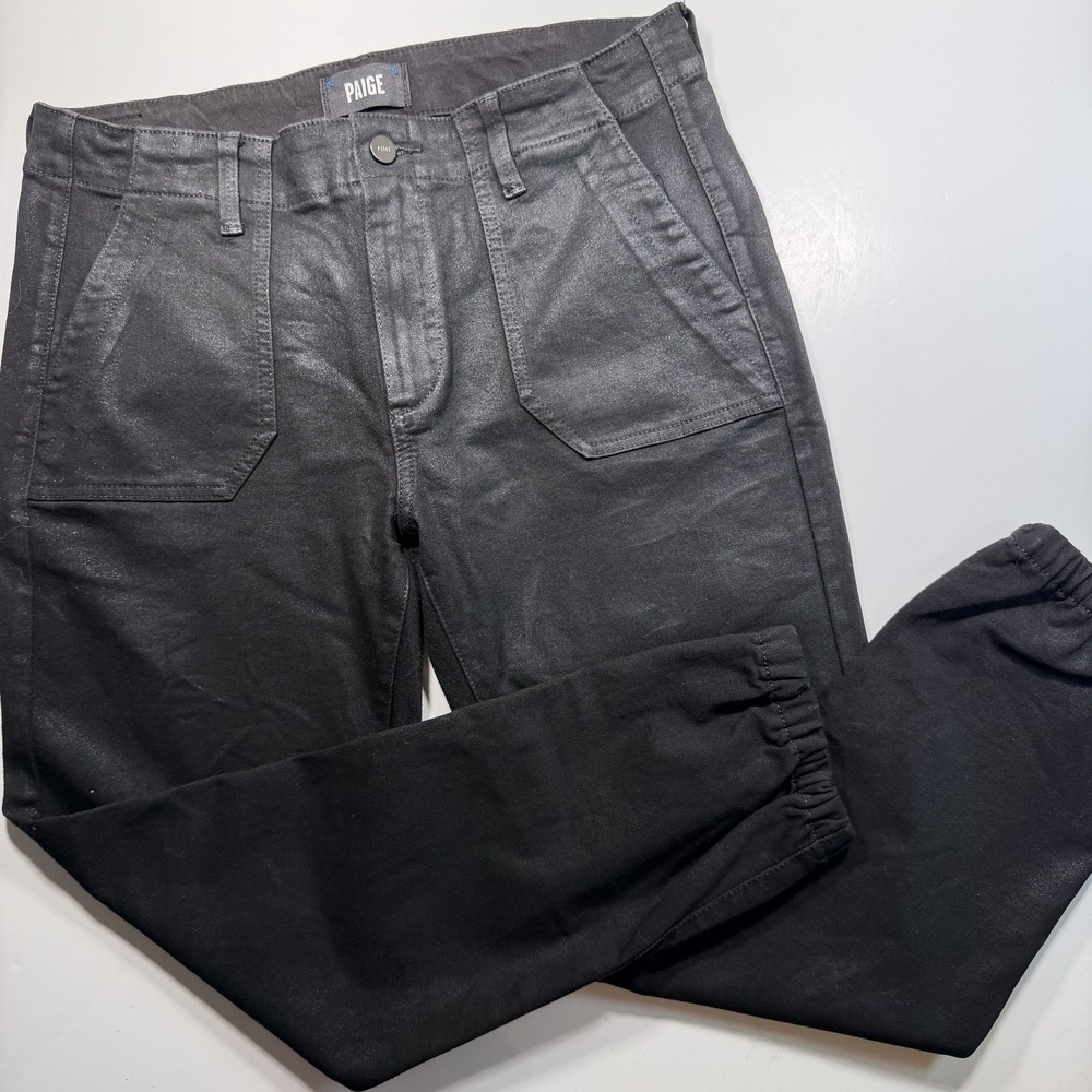 Paige Joggers Size 30 Mayslie Black Wax Coated Denim Cropped Ankle Metallic Chic